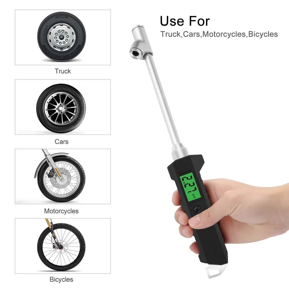 

Digital Tire Pressure Gauge Backlit LED Dark Night Green Daytime Dual-head Tool ABS Rotating Chuck 200 PSI LCD Pressure Gauge