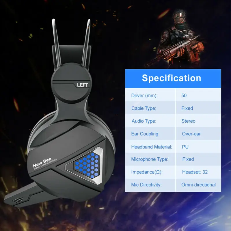 3 5mm Gaming Headset Mic LED Headphones Over Head Headphone Extra Bass Black