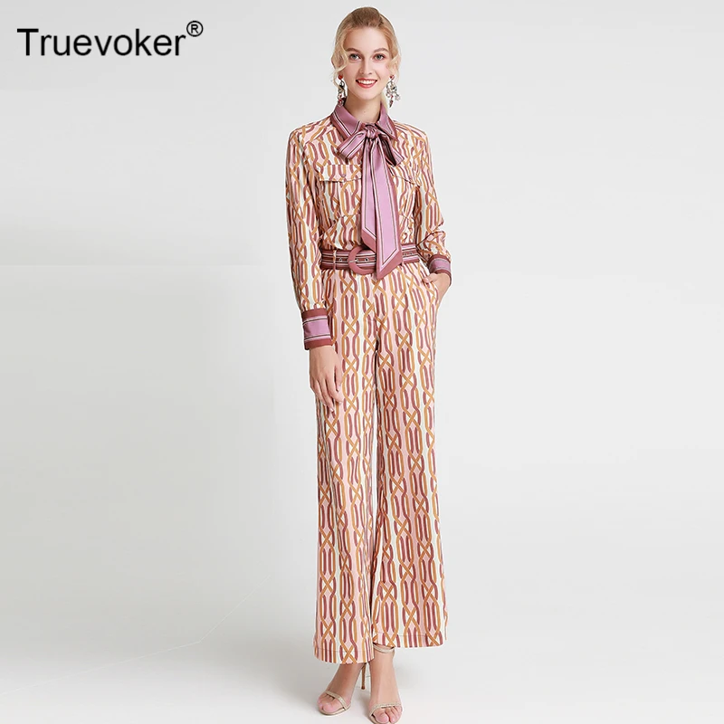 

Truevoker Designer Set Suit Women's High Quality Long Sleeve Turn Down Collar Geometry Printed Top + Printed Wide Legs Pant Suit