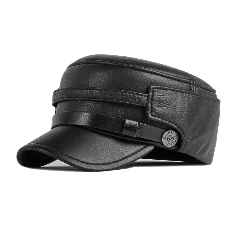 Winter Military Caps For Men Classic Black PU Leather Flat Caps British