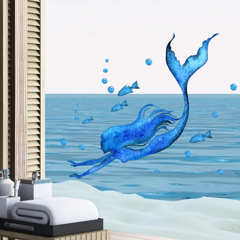 Blue Swimming Mermaid Wall Stickers Bathroom Glass Bedroom Glass Window Home Decoration Self-adhesive Sticker Beautify Wallpaper