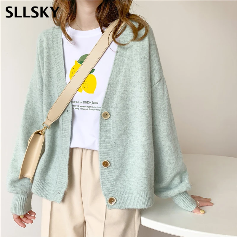 Sllsky Knitted Cardigan Women Large V-neck Women's Sweater Korean 2020 Autumn Winter New Chic Single breasted Solid Outerwear |