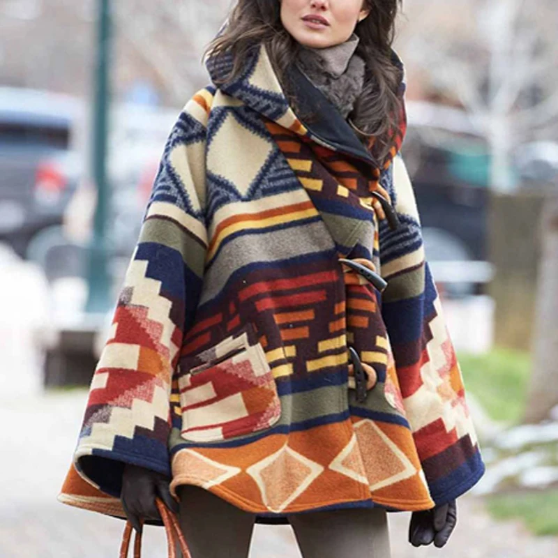 Hot Sale Long-sleeve Coat Hooded Printed Woolen
