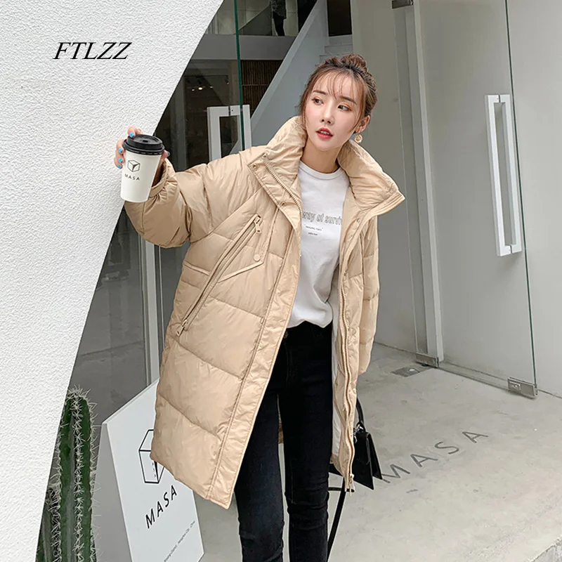 FTLZZ 2020 Stand Collar Long Jacket Woman White