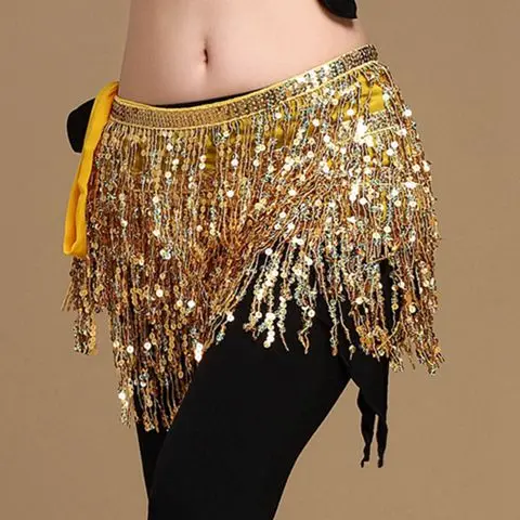 gold Дамы живота Ламба Самба танцевальная юбка аксессуары-кисточки bling ремни танец живота хип шарф с блестками пояс - Цвет: gold