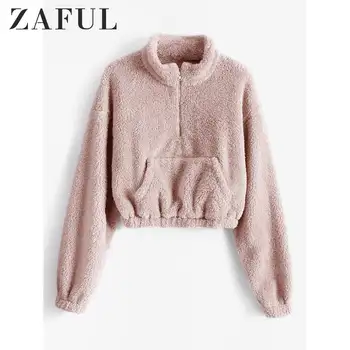

ZAFUL Women Front Pocket Half Zip Crop Faux Fur Sweatshirt Drop Shoulder Solid Color Tops Autumn Pullovers Newest 2019