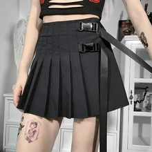 Gothic Summer Sexy Black Skirt Y2K Punk Mall Goth Preppy Style High Waist Bandage Belt Zip Pleated Skirt Woman Casual Clothes