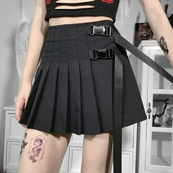 Gótico verão sexy saia preta y2k punk mall goth estilo preppy cintura alta bandagem cinto zip saia plissada mulher roupas casuais