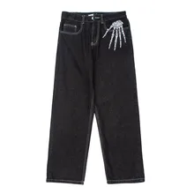 Ropa de calle oscura para hombres, pantalones vaqueros con bordado de esqueleto Punk negro, Hip Hop, rectos, informales, anchos, Capris, 2021