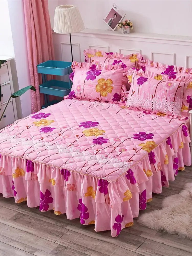 3 шт. 150*200 см постельное покрывало комплект Двухслойное покрывало с цветочным принтом хлопковое покрывало для кровати Двусторонняя кровать юбка+ 2 пары наволочек