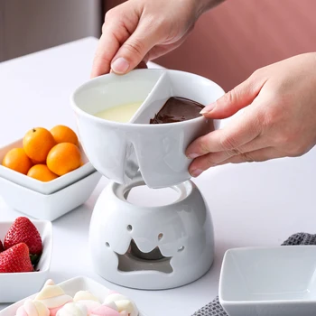 MALACASA FAVOR-002 Mini Chocolate Fondue Set Two-layer Porcelain Tealight Cheese Fondue with Dipping Bowls and Forks for 6 New