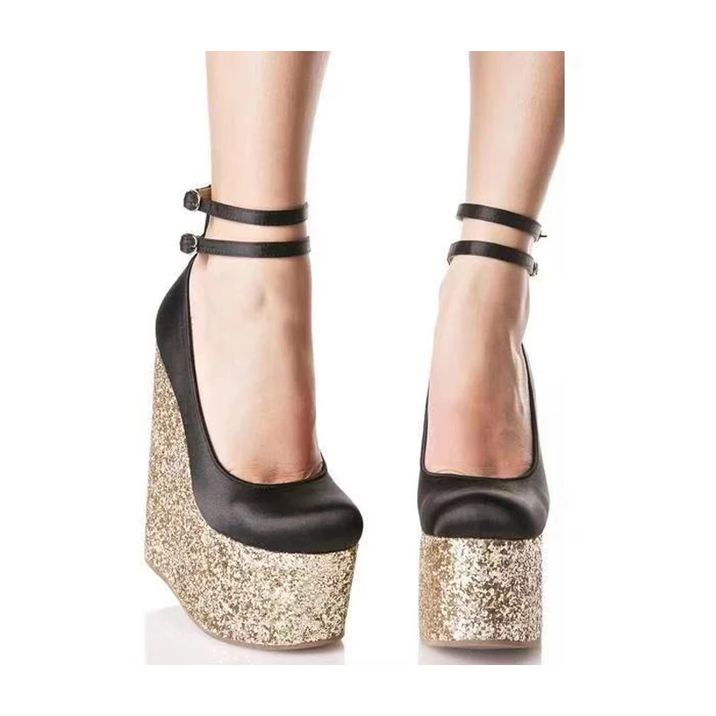 

Platform Wedges bling Shoes Pumps Women High Heels Platform pumps Shoes Round Toe Wedges Pumps Cross Tie Wedges Heels YMA915