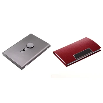 

1Pcs Pu Leather Business Card Case Red & 1Pcs Metal Ultra-Thin Hand Push-Type Light Business Card Case