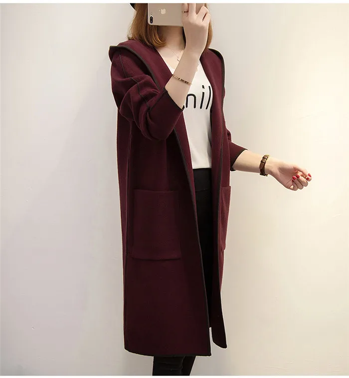 Женский вязаный кардиган средней длины, свитер, куртка, весенний Свободный Топ с капюшоном, Осенний темперамент, вязаный свитер, пальто для женщин, OK329