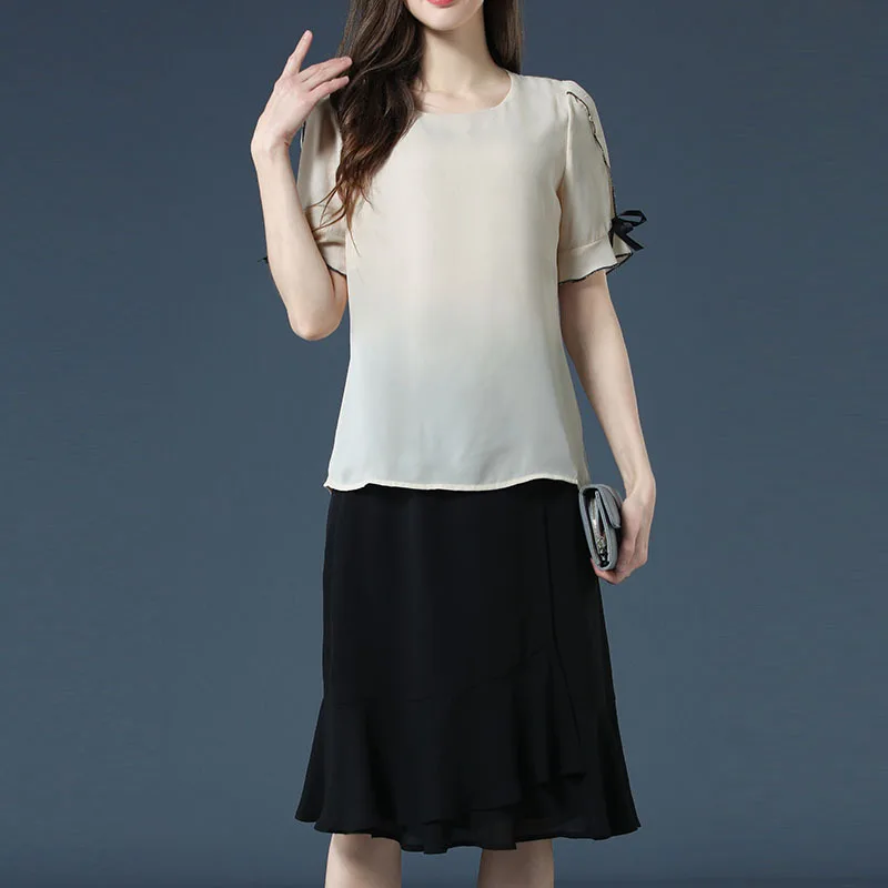 

2019 Summer Europe And America Large Size Dress Chiffon Skirt Set Crew Neck A- line Skirt Fashion Leisure Suit Factory Supply of