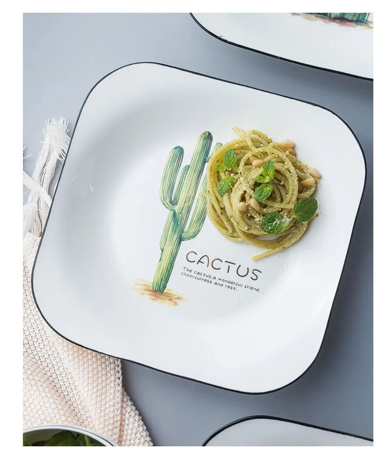 Creative Household Square Ceramic Plate Simple Creative Household Plate Heated Textured Cactus Square Plate