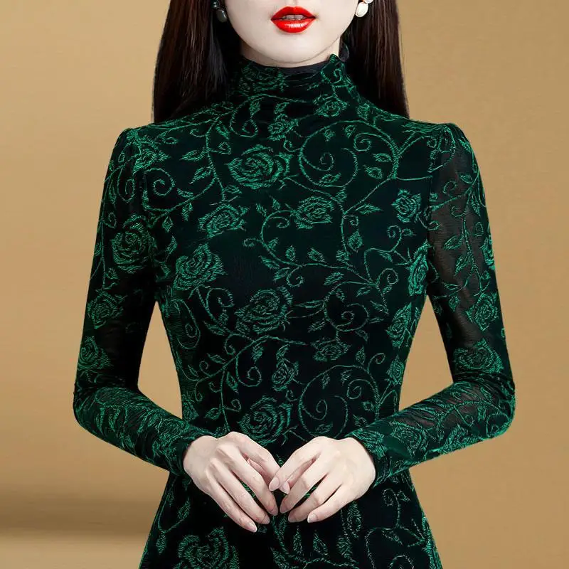 Chemise,Chemisier à manches longues et col roulé pour femme,imprimé ...