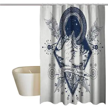

Adventure Geometric Shower Curtain Mountains in Boho Tattoo Style with Crossed Arrows and Astrological Symbols for Kids Bathroom