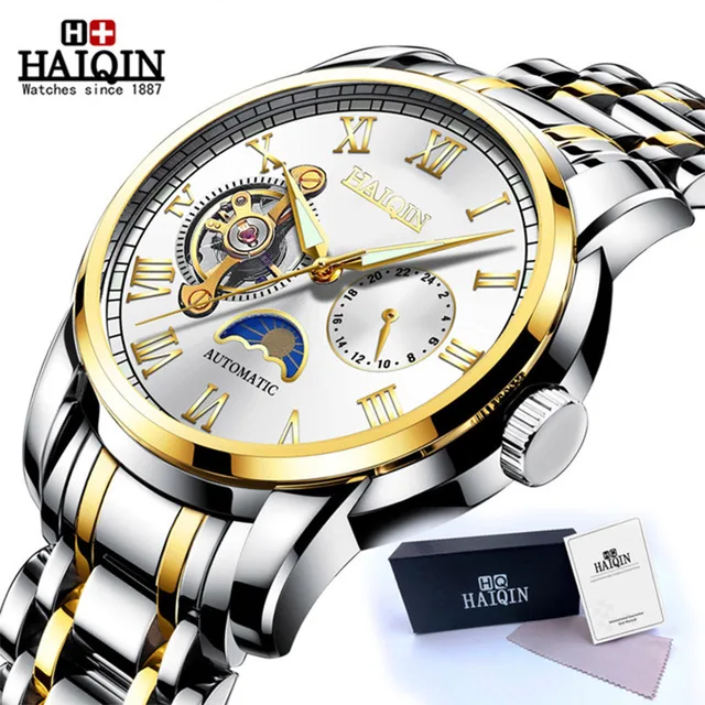 HAIQIN Automatic Mechanical Watch Men Stainless Steel Watches Mens Brand Luxury Business Waterproof Wristwatch relogio masculino Gold White S