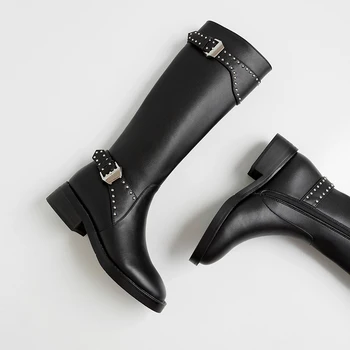 

Genuine leather Knee High Boots Classic Design Side Zipper med heels Shoes Woman Autumn Winter Wedding boots Woman