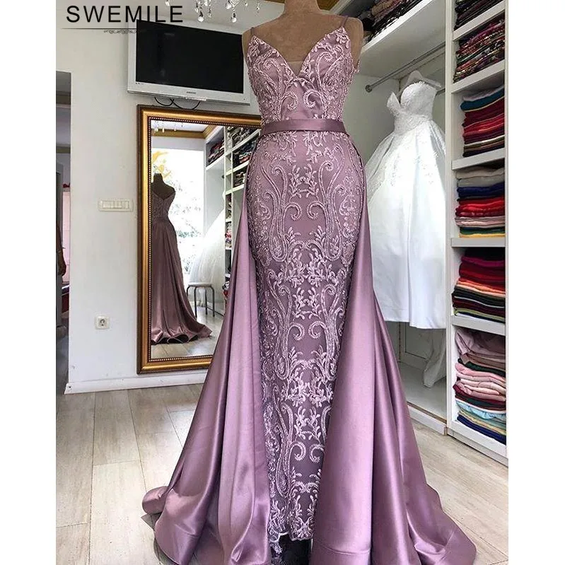 

Gorgeous Lace Mermaid Long Prom Dresses 2020 Sexy Backless Prom Gowns With Detachable Trailing Evening Party Dresses vestido de