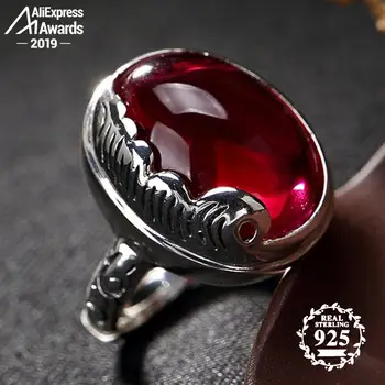 

S925 Fine Antique shop Ruby Rings Women Handmade Vintage Natural Carnelian Retro Ruby red jasper Agate