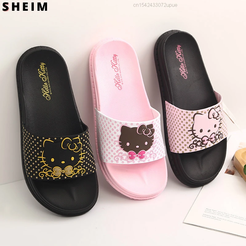 Sanrio Hello Kitty Zapatos De Verano De Las Mujeres Gato KT Bonito De Y2k Chicas Chanclas Planas Flip Flops Espesar Mujer Sandalias De Casa