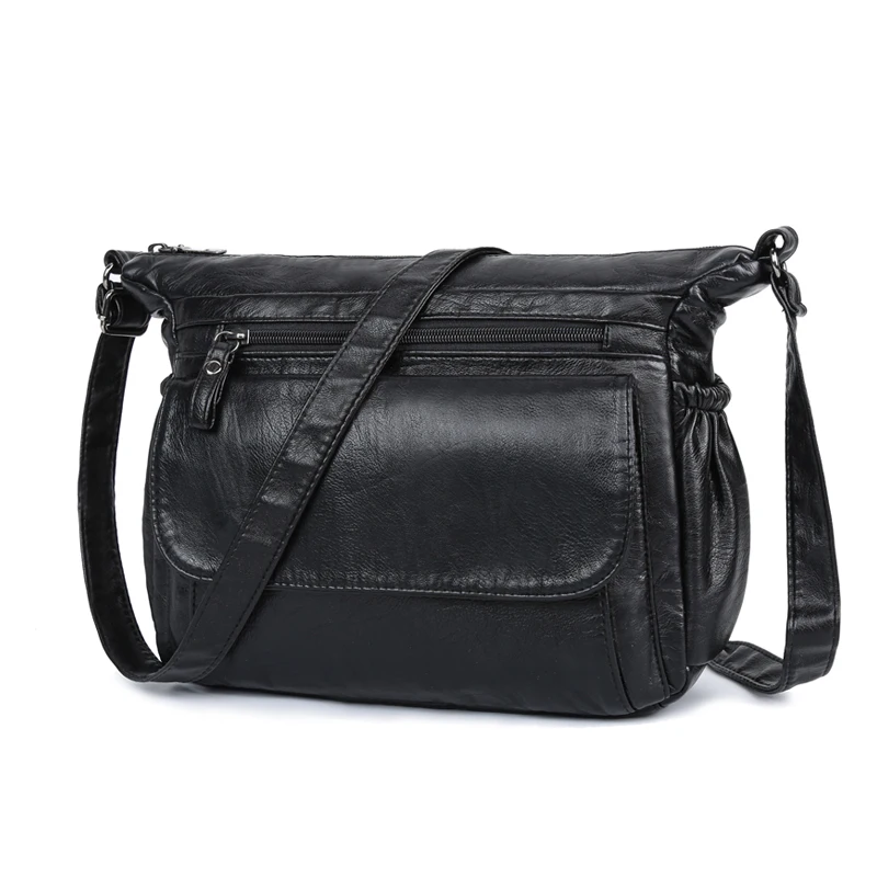 

New Fashion Women Shoulder Bag Soft Washed Leather Crossbody Bags for Women Handbag Light Black Messenger Bag Bolsa Feminina