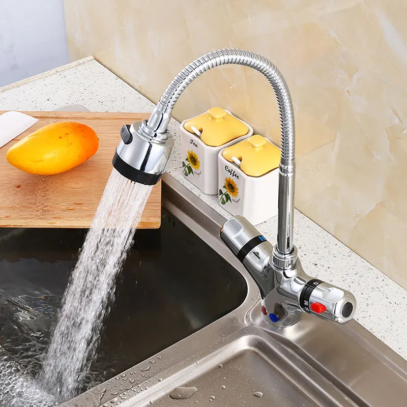  360 Degree Swivel Thermostatic Kitchen Faucet Adjustable Solid Brass Dual Handle Constant Temperatu - 4000125392741