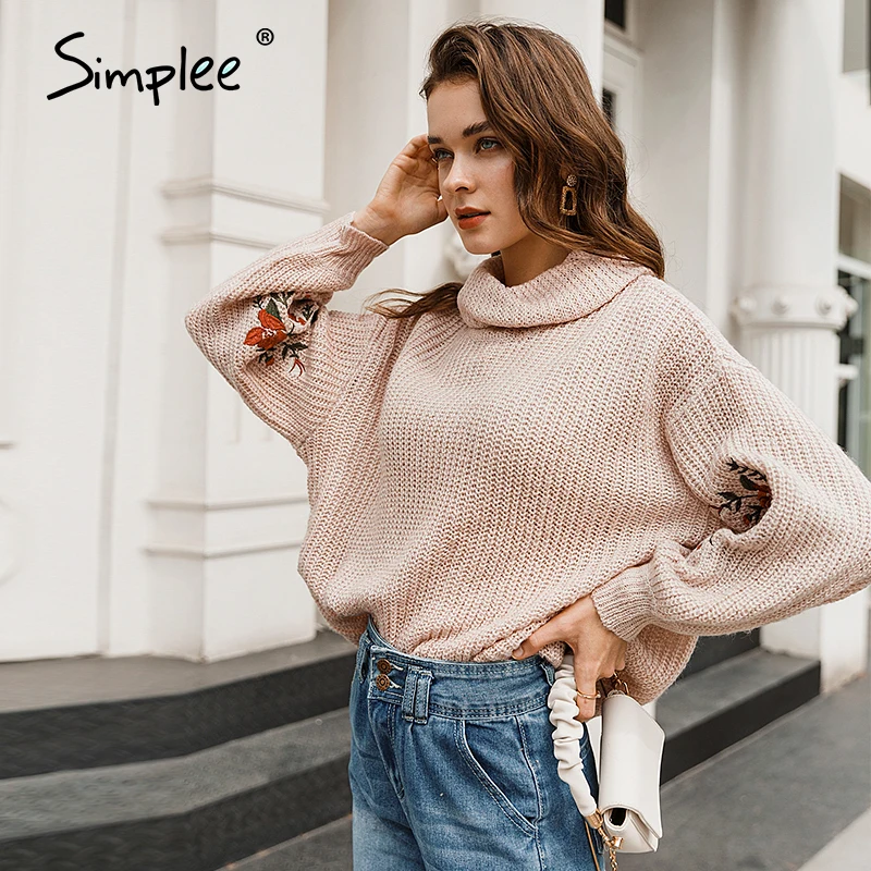Женский свитер Simplee с высоким воротом пуловер вышивкой и рукавами фонариками