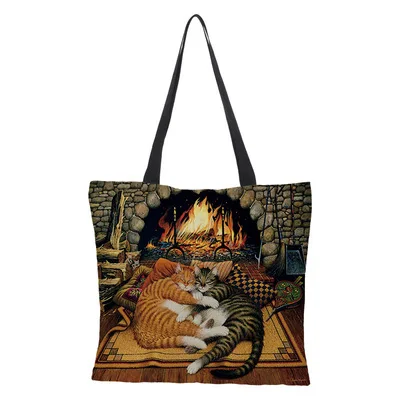 41 Styles Customize Oil Painting Cat Womens Designer Shoulder Bag Linen Reusable Shopping Bags For Women Casual Tote Bags Ladies 