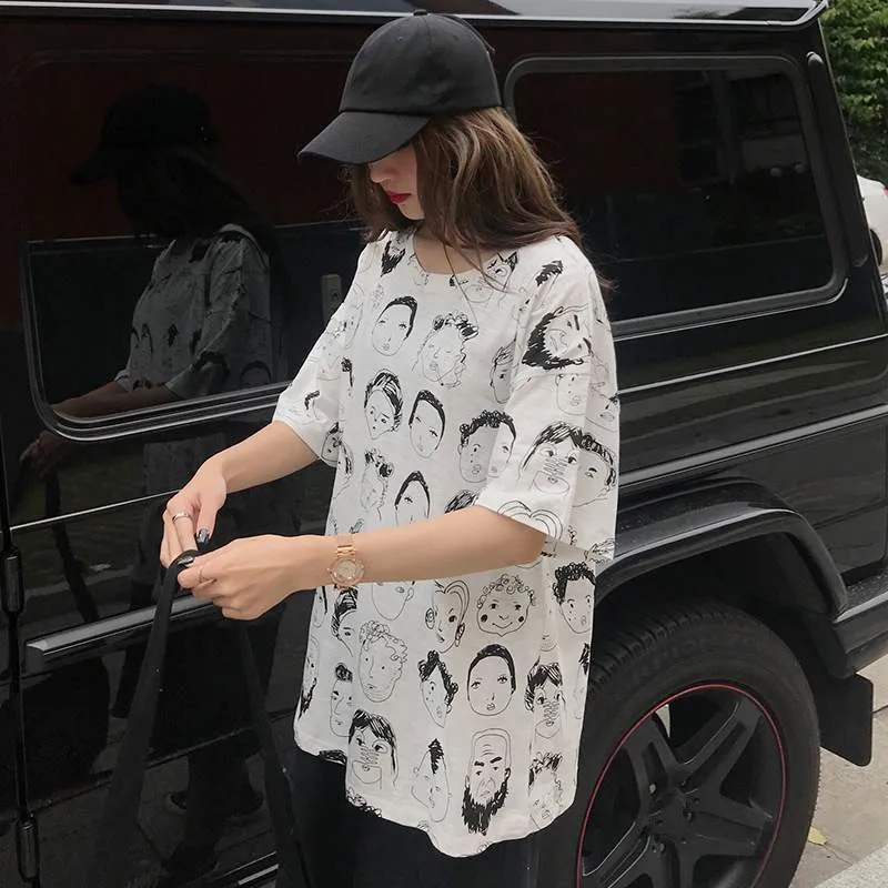 

Elegant Korean Style T-Shirts For Women Loose Short Sleeve Round Neck Graphic Printed Ladies Tee Oversize Clothes New