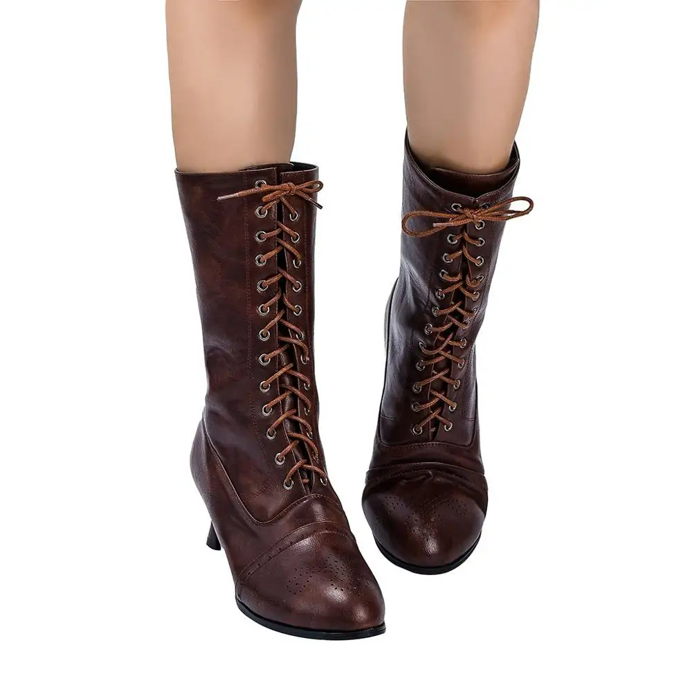 

Autumn Winter New Women PU Boots Pointed Toe Lace Spike heels Punk Classic Med Heels Ankle Boots Shoes 2019 Cuissarde Femme
