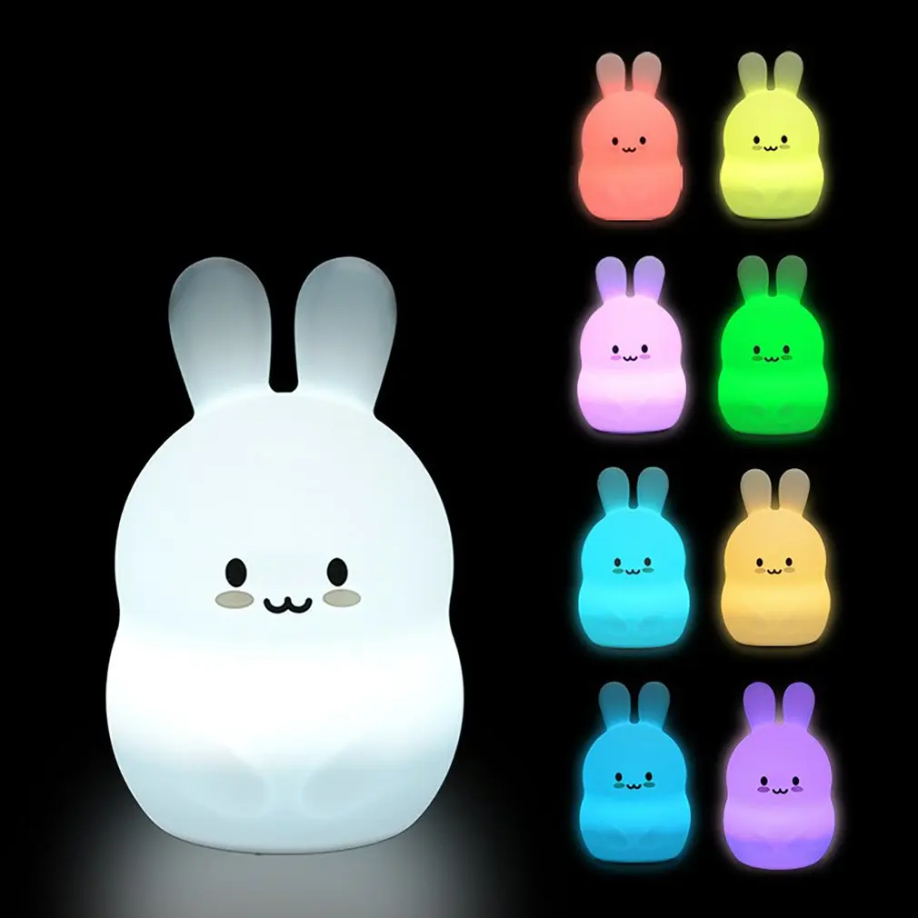 Rabbit LED Night Light Touch Sensor Remote Control 8 Colors Dimming Timer USB Rechargeable Silicone Bunny Lamp for Children Baby | Лампы и