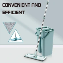 Flat Floor Mop and Bucket Set Floor Cleaning Hands Free Squeeze Mop Stainless-Steel Handl 6 Washable Reusable Microfiber Mop Rag