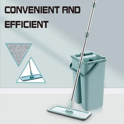 Flat Floor Mop and Bucket Set Floor Cleaning Hands Free Squeeze Mop Stainless-Steel Handl 6 Washable Reusable Microfiber Mop Rag