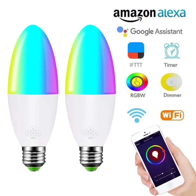 WiFi умная лампа свеча лампа E27-E14 RGB лампа AC85-265V с регулируемой яркостью поддержка Alexa/Google Home Управление по смартфону приложение