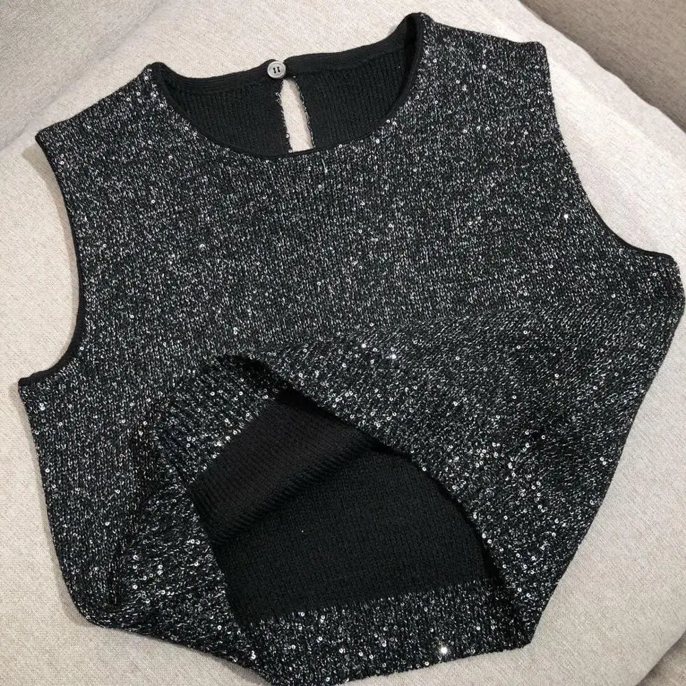 2019FW Модный женский вязаный жилет с блестками топы женский тонкий короткий рукав свитер ddxgz2 8,20