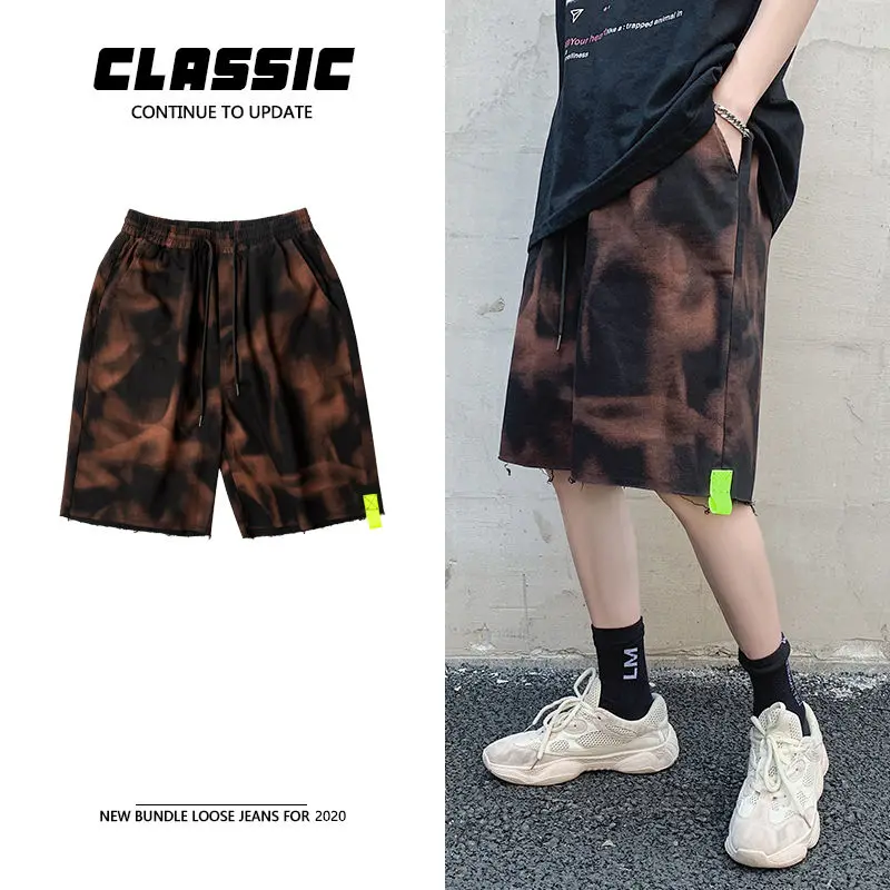 

Tie-dye Shorts Men's Fashion Print Drawstring Casual Shorts Men Streetwear Wild Hip-hop Loose Straight Five-point Pants Summer