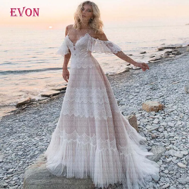 Boho свадебный наряд сексуальные с плеча спинки кружева линии Свадебные платья пляжные свадебные платья на заказ Robe De Mariee