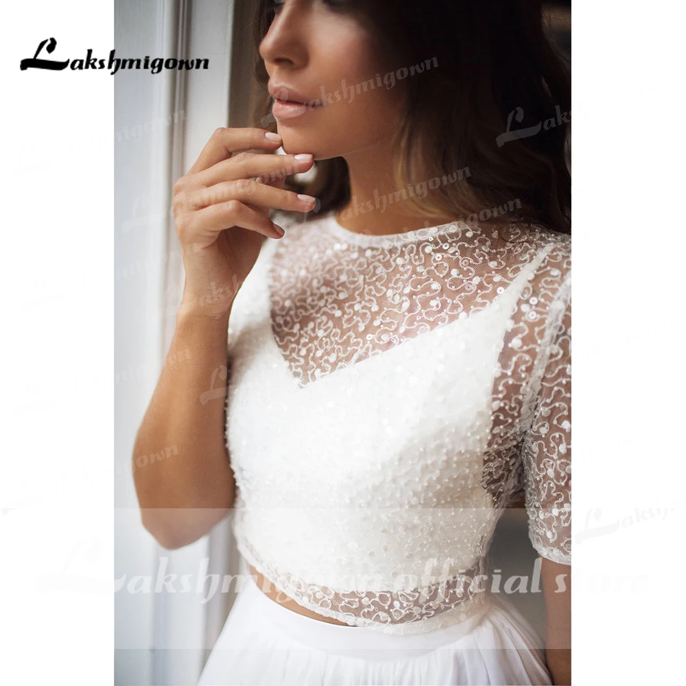 2024 vestidos de boda Two Pieces Short Sleeve O Neck Wedding Dresses Elegant Bling Beads Lace Chiffon robe de soirée Customized 3