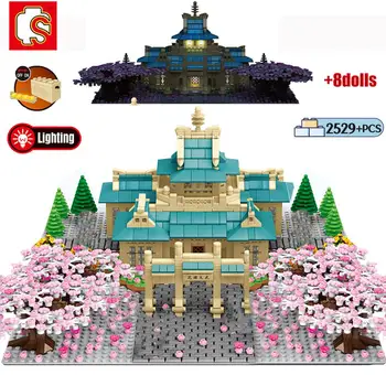 

SEMBONew Street View Architecture Sakura City House With LED Light Model Cherry blossom Flower Building Blocks Toys For Children