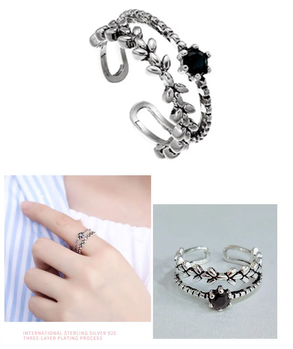 ZDADAN 925 Sterling Silver Double Layer Leaf Obsidian Rings For Women Silver Ring Jewelry