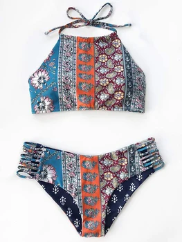 

Bohemia Print Bikinis High Neck Swimsuit Nation Print Bathing Suit Women Plus Size Swimwear Swimming Suit for Women Biquini