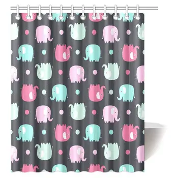 

Elephant Decor Shower Curtain, Cartoon Cute Flat Elephants with Ornaments Joyous Kids Art Print Fabric Bathroom Shower Curtain
