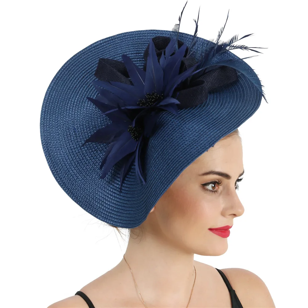 

Imitation Straw New Navy Big Hat Wedding Fascinator Headwear Fancy Feather Flower Headpiece With Haipinpin Women Fashion Fedora