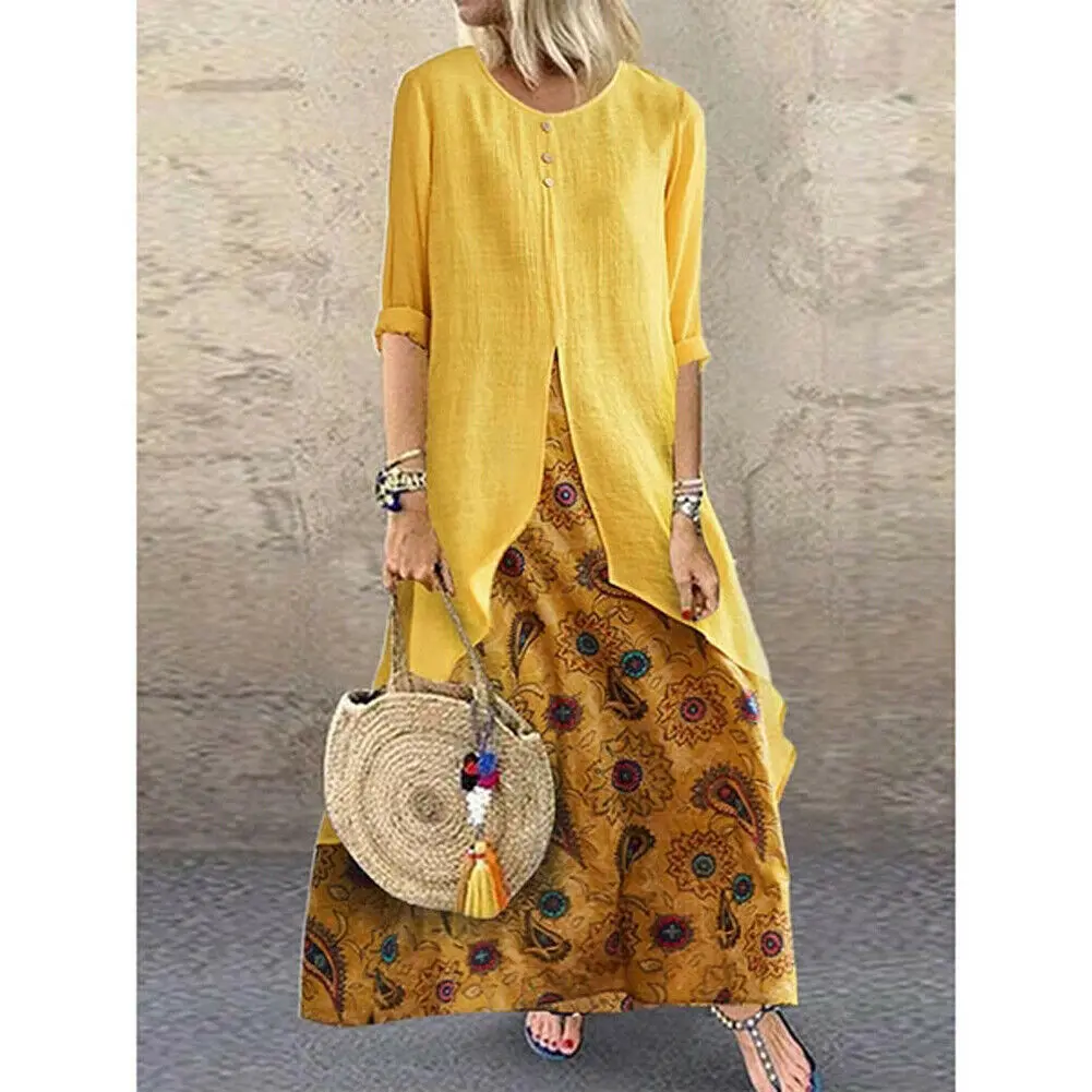 

New Women's Peasant Ethnic Boho Long Shirt Vest Dress Summer Casual Long Sleeve Loose Kaftan Maxi Dress Sundress Plus Size