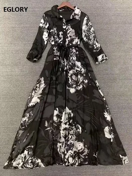 

Luxury Silk Long Dress 2020 Spring Summer Long Shirt Style Women Turn-down Collar Vintage Flower Print Long Sleeve Maxi Dress