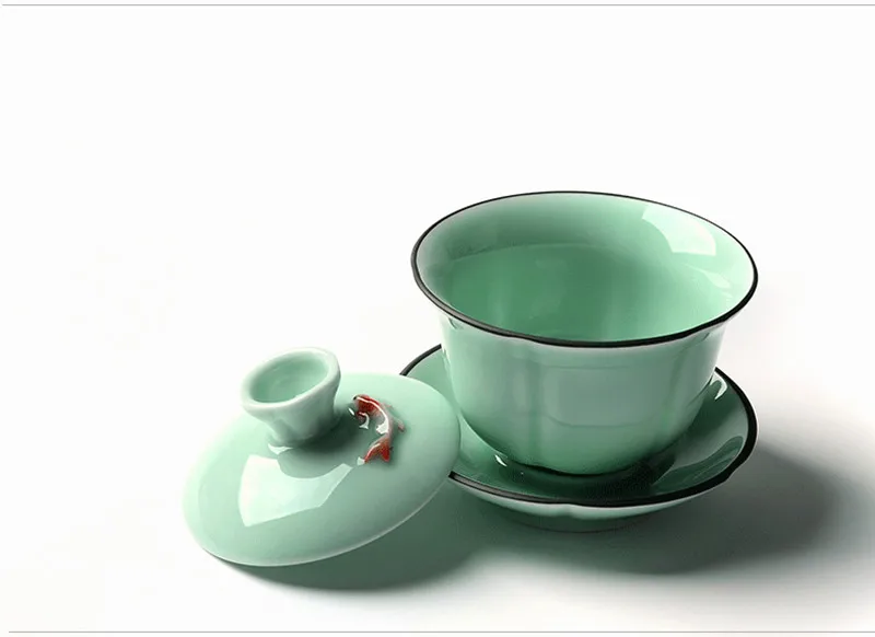 3D золотая рыбка Gaiwan керамический Longquan Celadon чай супница Gongfu Чайный набор супница чашка