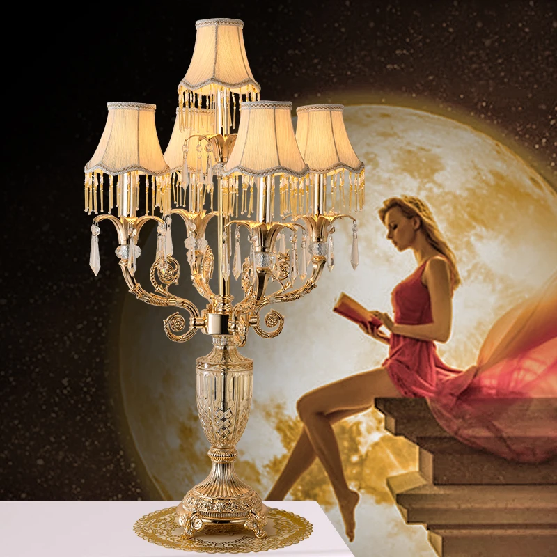 Italy style Gold crystal table lamp led Abajour kitchen lighting Restaurant Led candlestick E14 cloth shade reading desk lamps|Настольные